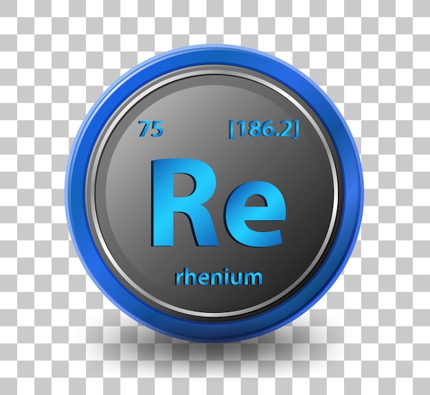 Elemento químico de renio. símbolo químico con número atómico y masa atómica.