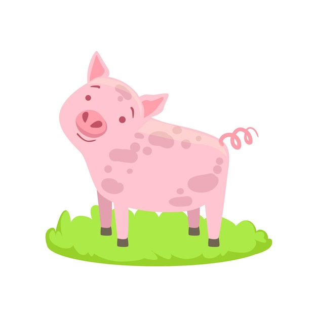 Elemento relacionado con dibujos animados de animales de granja de cerdos en parche de hierba verde