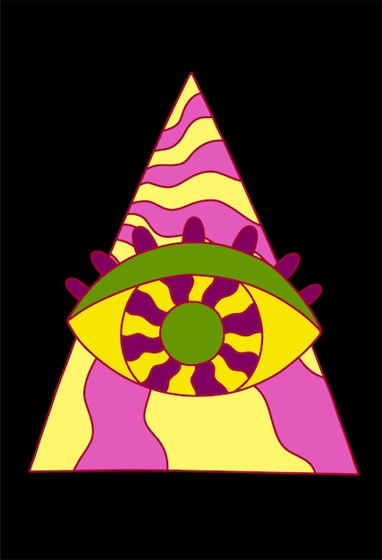 Elemento retro maravilloso de triángulo y ojo con ondas abstractas. Ilustración vectorial en estilo ácido