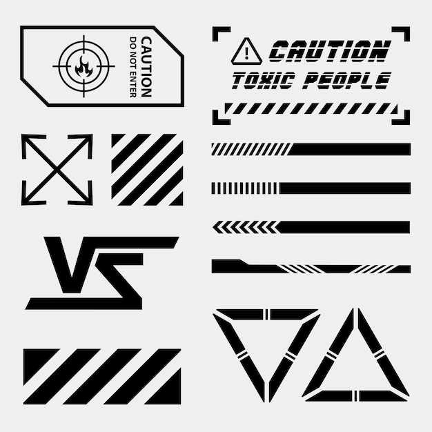 Elemento de ropa de calle futurista forma abstracta versus aviso de precaución del logotipo para el diseño de moda callejera