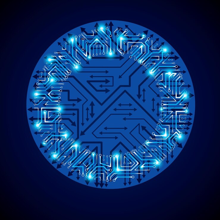 Vector elemento de tecnología luminiscente abstracta vectorial, placa de circuito de neón azul redonda con destellos. esquema digital circular de alta tecnología de dispositivos electrónicos, flechas multidireccionales.