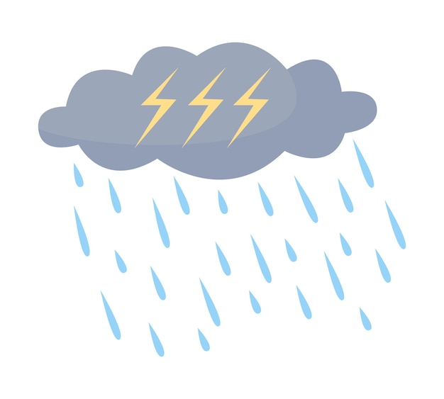 Elemento de vector de color semiplano de tormenta eléctrica Objeto de tamaño completo en blanco Clima extremo Lluvia intensa Truenos y relámpagos ilustración de estilo de dibujos animados simple para diseño gráfico web y animación