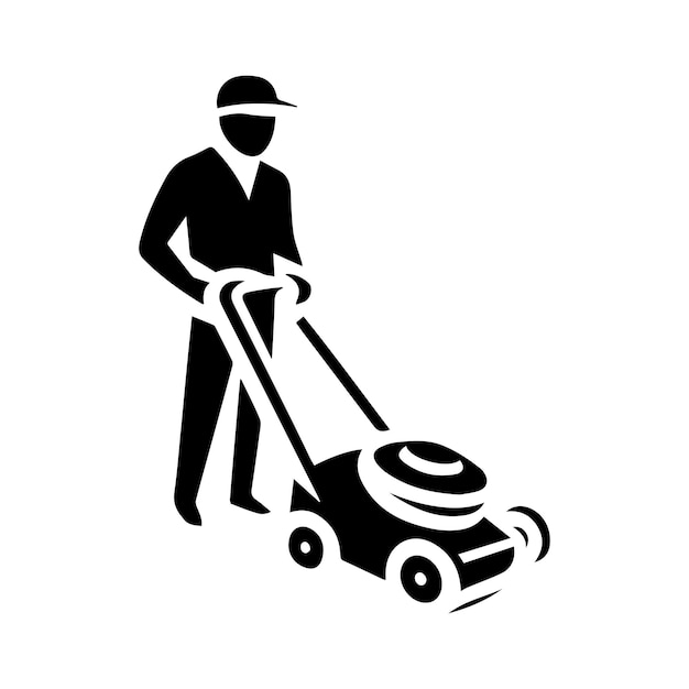 Elemento de vector del logotipo de cuidado del césped Logotipo de persona con cortadora de césped