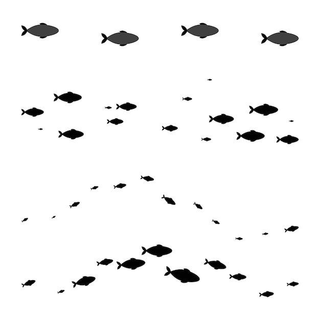 Elemento de vector de silueta negra de peces en cardúmenes nadando en línea de onda aislada sobre fondo blanco