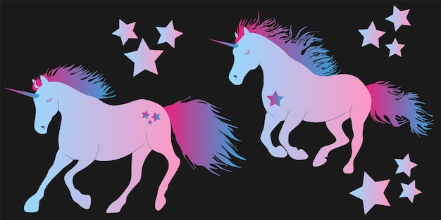 El elemento vectorial de color del gradiente del caballo de hadas del unicornio el conjunto de estrellas de caballo de longitud completa