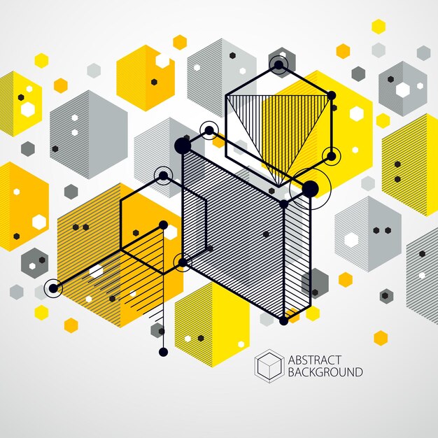 Elementos 3d geométricos vectoriales abstractos en composición de plantilla amarilla de estilo futurista. el plan técnico se puede utilizar en el diseño web y como fondo de pantalla o fondo.