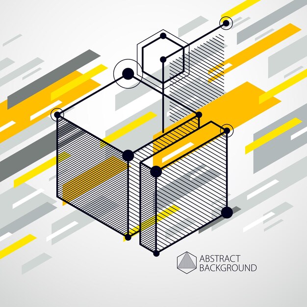 Elementos 3d geométricos vectoriales abstractos en composición de plantilla amarilla de estilo futurista. el plan técnico se puede utilizar en el diseño web y como fondo de pantalla o fondo.