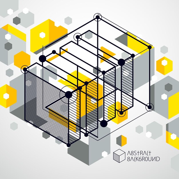 Elementos 3D geométricos vectoriales abstractos en composición de plantilla amarilla de estilo futurista. El plan técnico se puede utilizar en el diseño web y como fondo de pantalla o fondo.