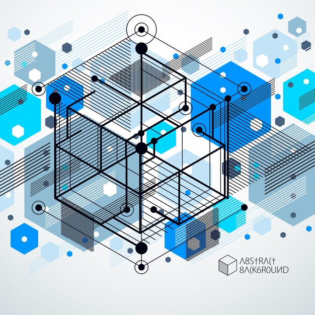 Elementos 3d geométricos vectoriales abstractos en composición de plantilla azul de estilo futurista. el plan técnico se puede utilizar en el diseño web y como fondo de pantalla o fondo.