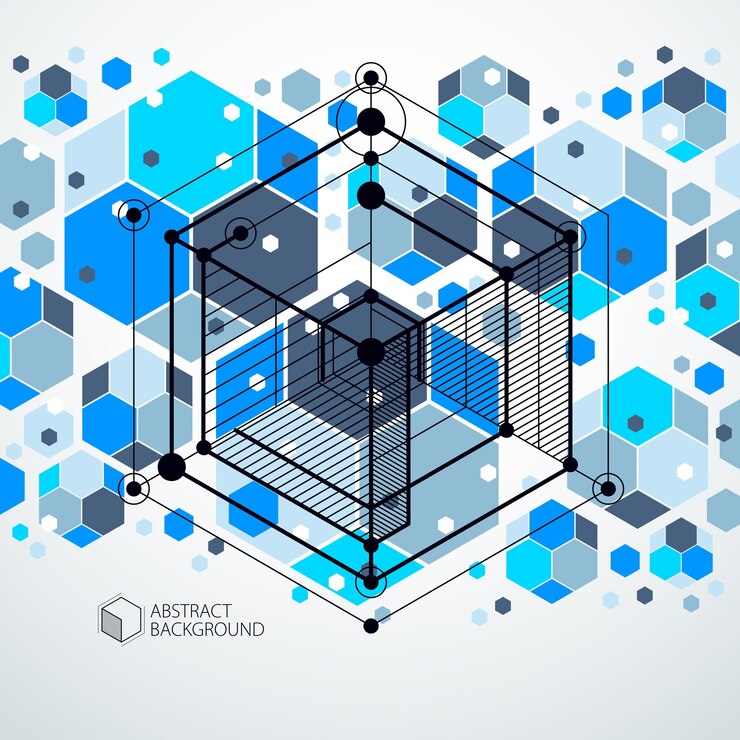 Vector elementos 3d geométricos vectoriales abstractos en composición de plantilla azul de estilo futurista. el plan técnico se puede utilizar en el diseño web y como fondo de pantalla o fondo.