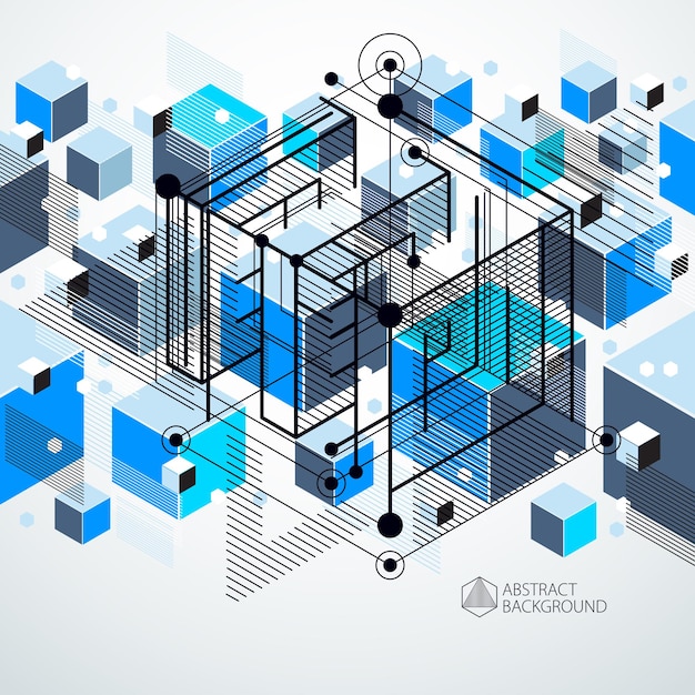 Elementos 3d geométricos vectoriales abstractos en composición de plantilla azul de estilo futurista. el plan técnico se puede utilizar en el diseño web y como fondo de pantalla o fondo.