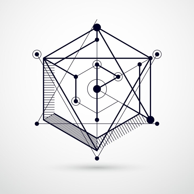 Vector elementos 3d geométricos vectoriales abstractos en composición de plantilla en blanco y negro de estilo futurista. el plan técnico se puede utilizar en el diseño web y como fondo de pantalla o fondo.