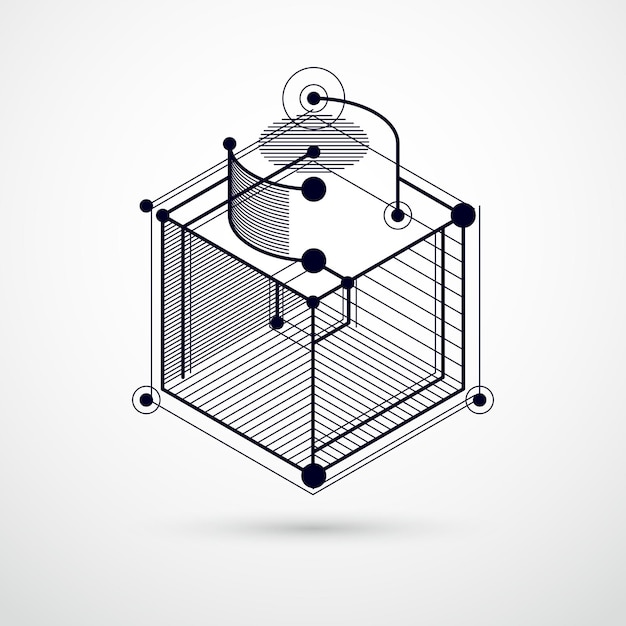 Elementos 3d geométricos vectoriales abstractos en composición de plantilla en blanco y negro de estilo futurista. el plan técnico se puede utilizar en el diseño web y como fondo de pantalla o fondo.