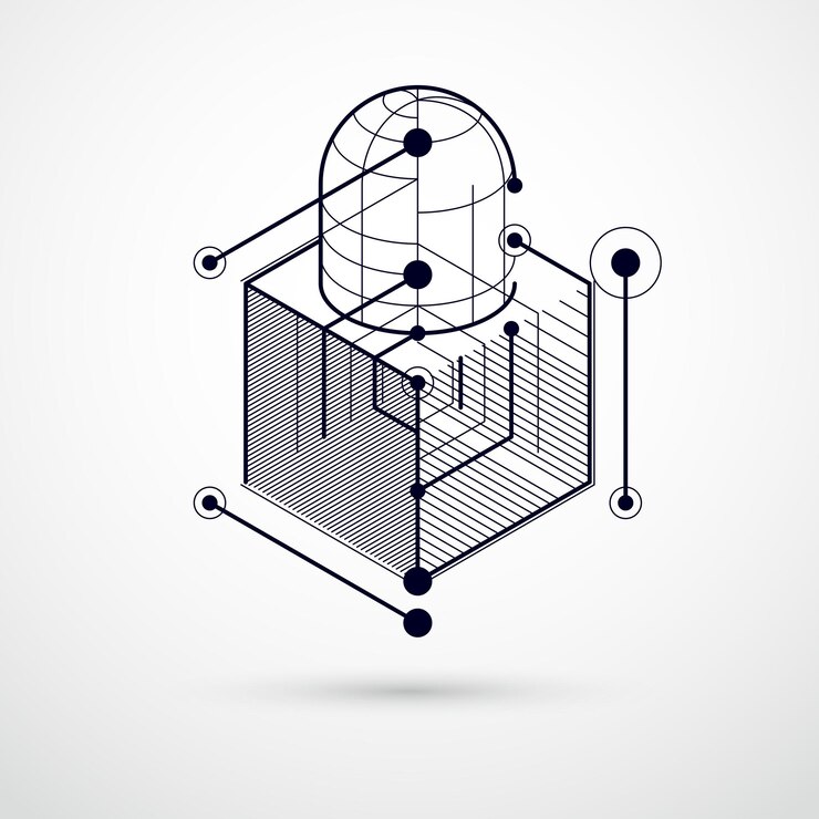 Vector elementos 3d geométricos vectoriales abstractos en composición de plantilla en blanco y negro de estilo futurista. el plan técnico se puede utilizar en el diseño web y como fondo de pantalla o fondo.
