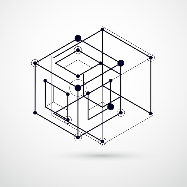 Elementos 3D geométricos vectoriales abstractos en composición de plantilla en blanco y negro de estilo futurista. El plan técnico se puede utilizar en el diseño web y como fondo de pantalla o fondo.
