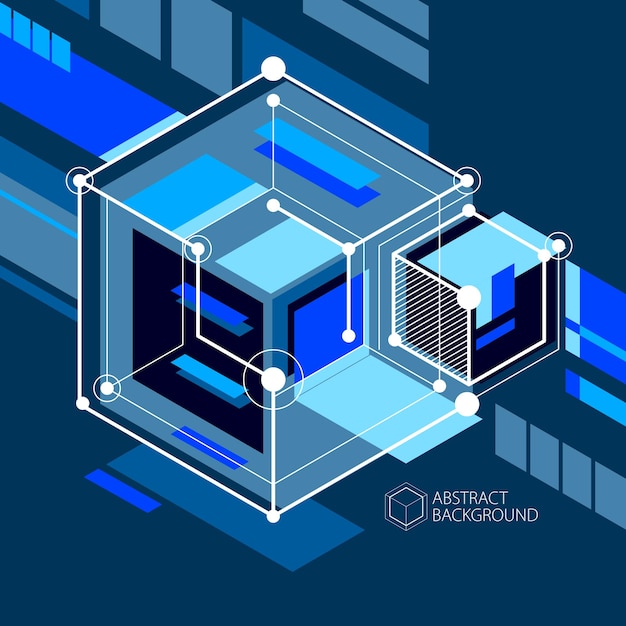 Elementos 3D geométricos vectoriales abstractos en composición de plantilla negra azul de estilo futurista. El plan técnico se puede utilizar en el diseño web y como fondo de pantalla o fondo.