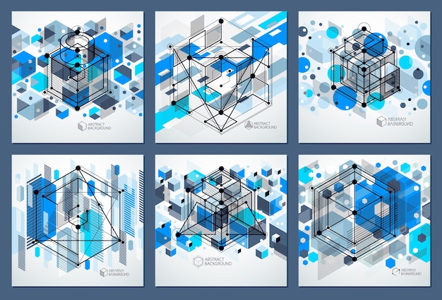 Elementos 3D geométricos vectoriales abstractos en un conjunto de composiciones de plantilla azul de estilo futurista. El plan técnico se puede utilizar en el diseño web y como fondo de pantalla o fondo.