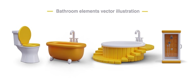 Vector elementos 3d para el interior de un baño de lujo bañera de inodoro bañera redonda bañera de ducha cabina