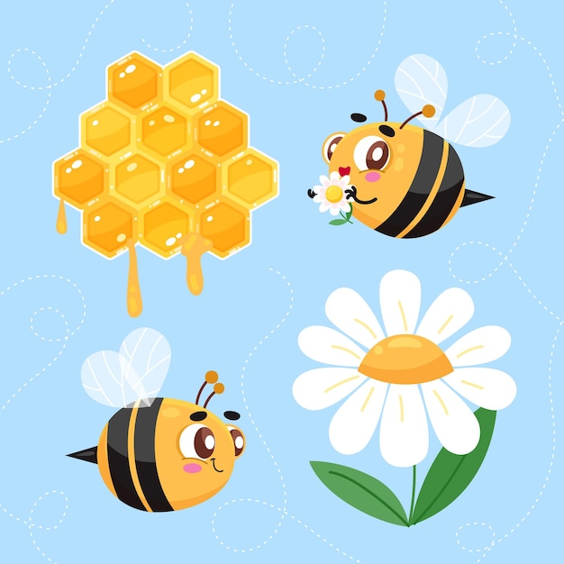 Elementos de abejas de dibujos animados planos dibujados a mano