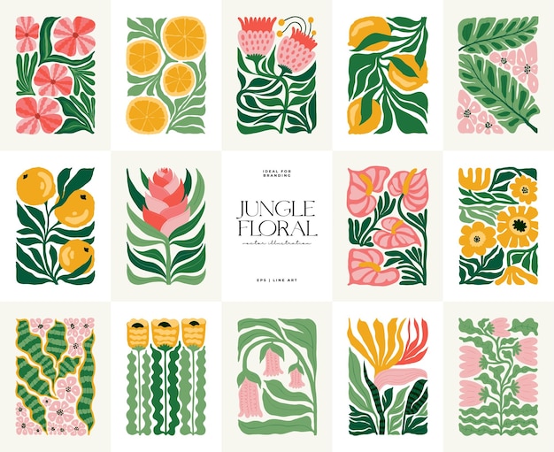 Elementos abstractos florales Composición botánica tropical Estilo minimalista moderno y de moda de Matisse Floral