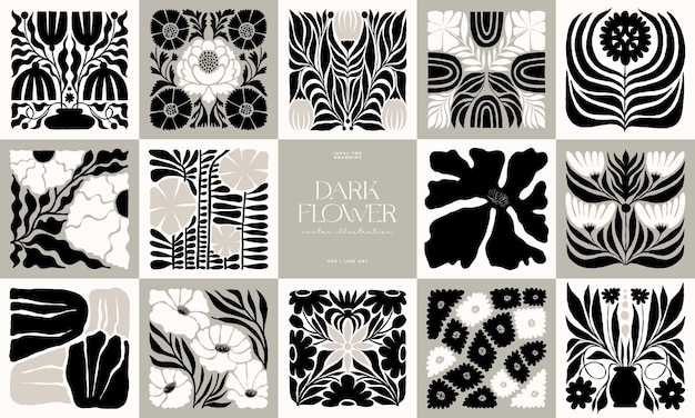 Elementos abstractos florales oscuros Composición botánica Estilo minimalista moderno y de moda de Matisse Floral