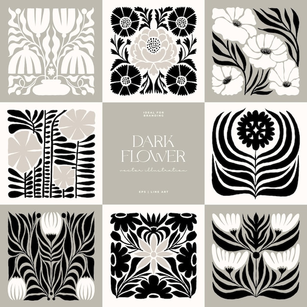 Elementos abstractos florales oscuros Composición botánica Estilo minimalista moderno y de moda de Matisse Floral