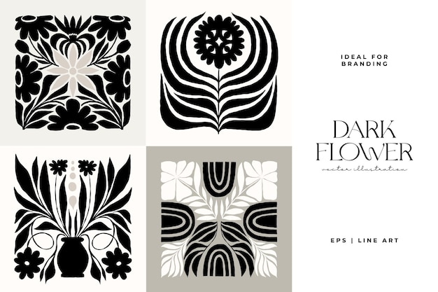 Elementos abstractos florales oscuros Composición botánica Estilo minimalista moderno y de moda de Matisse Floral