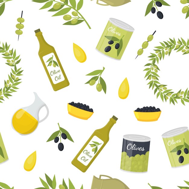 Elementos de aceite de oliva de dibujos animados de fondo sin fisuras en un concepto de comida orgánica blanca estilo de diseño plano que incluye rama de botella y ilustración vectorial de gota