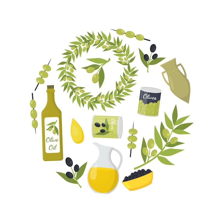 Vector elementos de aceite de oliva de dibujos animados plantilla de diseño redondo anuncio concepto de comida orgánica estilo de diseño plano incluye rama de botella y gota ilustración vectorial