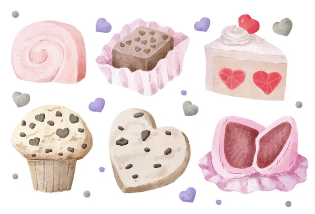 Elementos de acuarela para que los diseñadores gráficos hagan obras de arte, incluidos pasteles de chocolate, galletas de cupcakes