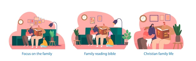 Elementos aislados con una devota familia cristiana reunidos inmersos en la lectura de la biblia fomentando la conexión espiritual padres e hijos personajes leen dibujos animados personas ilustración vectorial