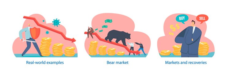 Vector elementos aislados con mercado bajista caracterizado por descensos prolongados de precios y sentimiento pesimista de los inversores