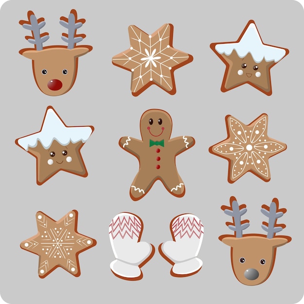 Elementos aislados de Navidad, copos de nieve, pan de jengibre, guantes, ciervos, estrellas. Conjunto de vectores.