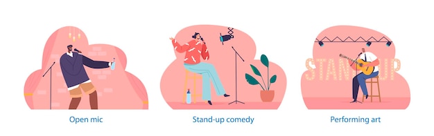 Elementos aislados con personajes cómicos masculinos y femeninos realizan comedia de stand-up entregando anécdotas humorísticas observaciones y bromas para entretener a la audiencia ilustración vectorial de dibujos animados