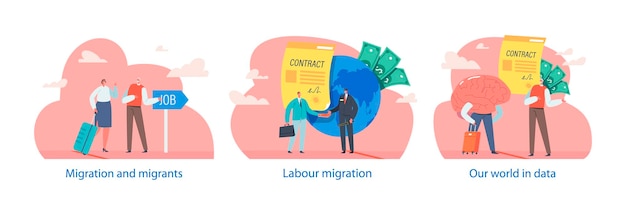 Elementos aislados con personajes interpretan escenas de migración Movimiento de personas de un lugar a otro impulsado por factores como el conflicto de oportunidades económicas o las condiciones ambientales