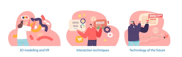 Elementos aislados con personajes se involucran con el contenido en la realidad virtual a través de experiencias inmersivas La gente que modela utiliza técnicas de interacción y tecnología de la ilustración vectorial del futuro