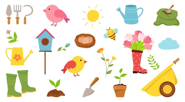 Elementos aislados de primavera configurados en diseño plano Iconos de jardinería.