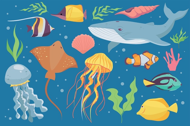 Elementos aislados de vida submarina en diseño plano. Paquete de diferentes peces tropicales y otros