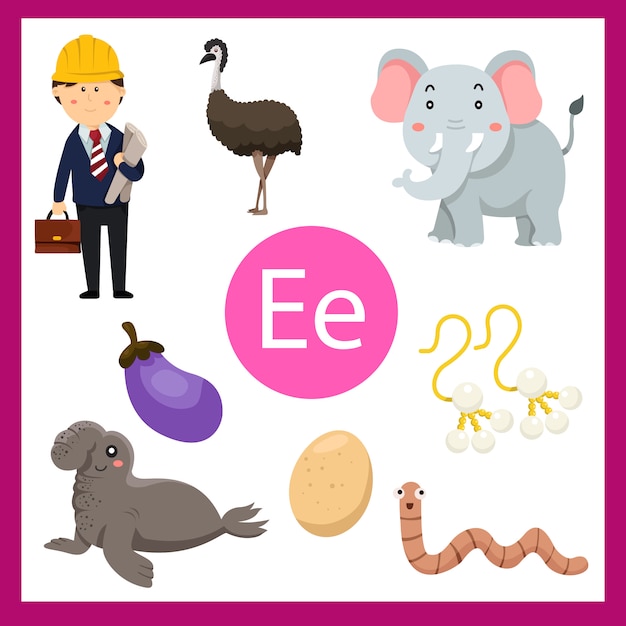 Elementos del alfabeto e para niños
