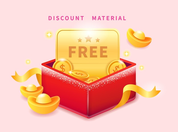 Vector elementos de año nuevo chino de dibujos animados en 3d que incluyen rollo de regalo dorado gratis y caja de regalo de lingotes y monedas