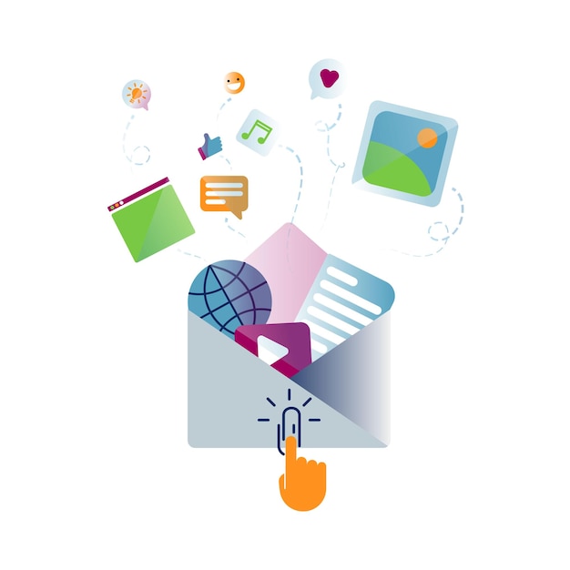 Elementos para la aplicación de correo y la web en un documento de mensaje de globo terráqueo como imagen de idea navegador de video musical archivos adjuntos de emoji Presione a mano el botón de clip Ilustración de vector plano