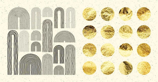 Elementos de arco de mediados de siglo formas geométricas modernas papel dorado brillantes círculos hechos a mano dorado reluciente