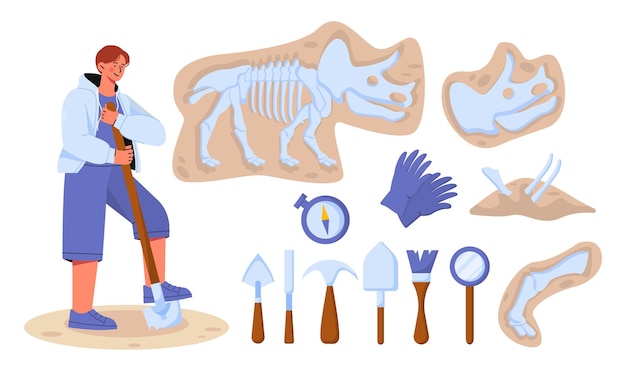 Elementos arqueólogos establecen Hombre con pala en bines de dinosaurios y cráneos Brújula cerca del equipo de plaontólogo Fósiles de la era BC Colección de vectores planos de dibujos animados aislados en fondo blanco
