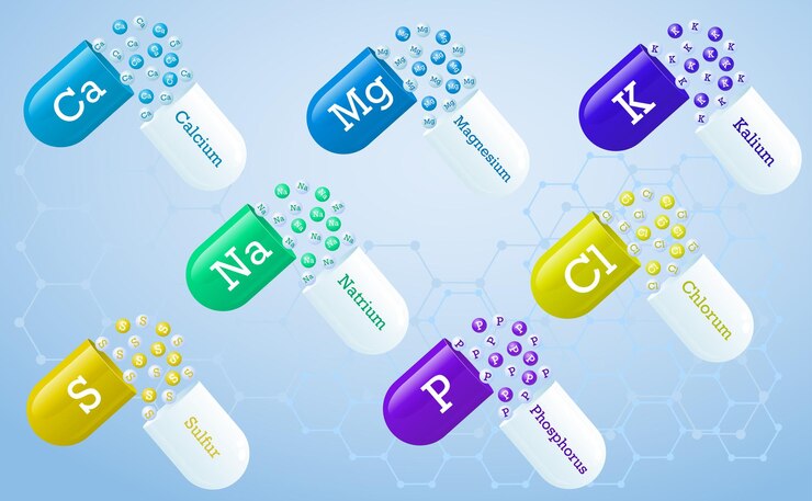 Vector elementos biológicamente importantes macronutrientes y otras sustancias activas conjunto de cápsulas multicolores tabletas píldoras cartel médico ilustración vectorial