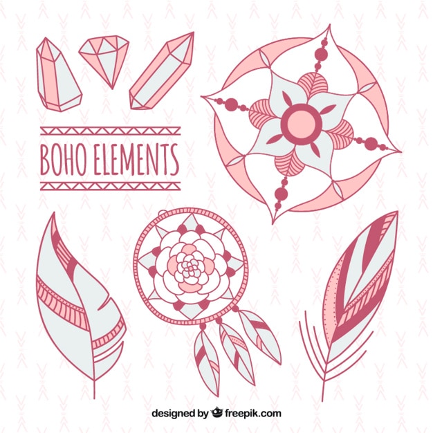 Vector elementos boho y piedras preciosas en color rosa