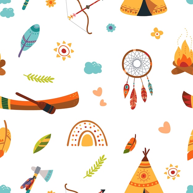 Elementos boho tribales patrón sin costuras flecha canoa y wigwam cazador de sueños y elementos florales plantilla de impresión vectorial de plumas de Doodle