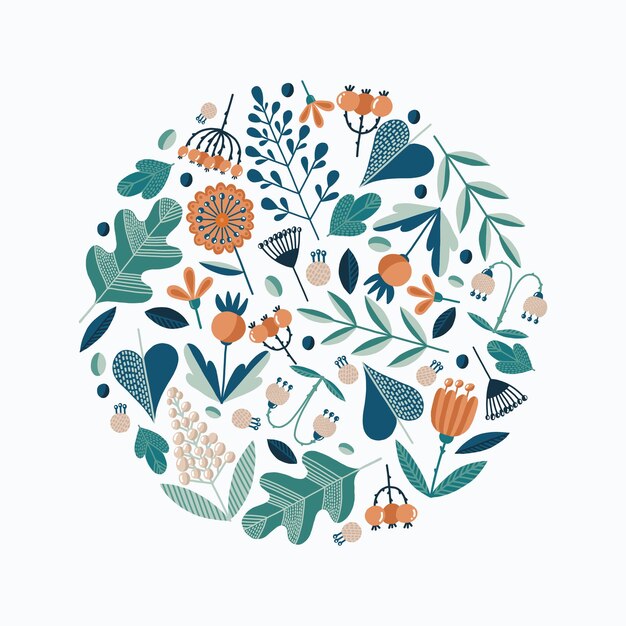 Elementos botánicos populares redondos aislados ilustración vectorial