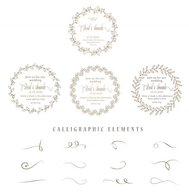 elementos caligráficos y marco de boda