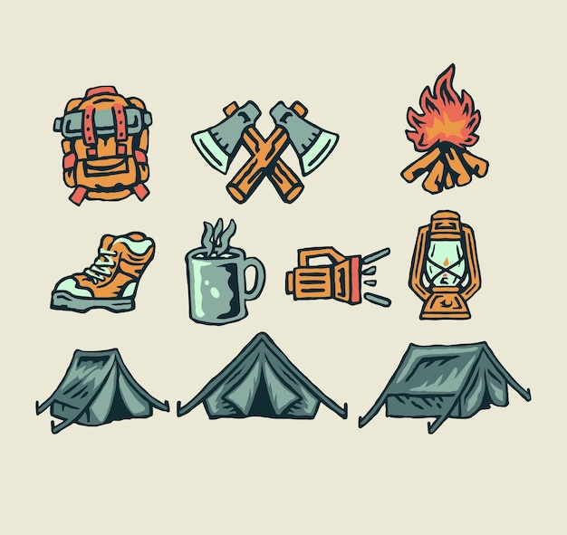 Elementos de camping, estilo de línea dibujada a mano con color digital