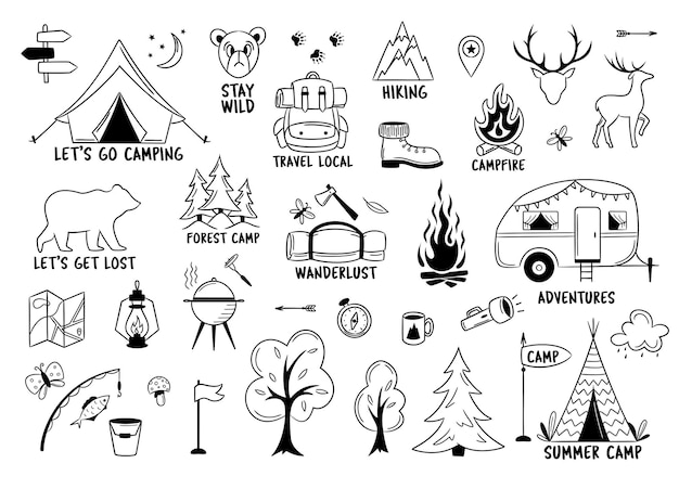 Elementos de camping y senderismo aislados en blanco Emblemas de aventura al aire libre